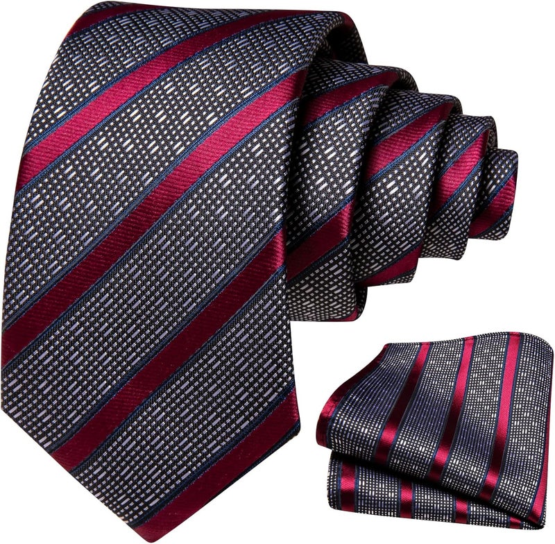 Barry.Wang Store Boy's Necktie Regular Silk Woven Stripe Solid Tie Pocket Square - Image 1